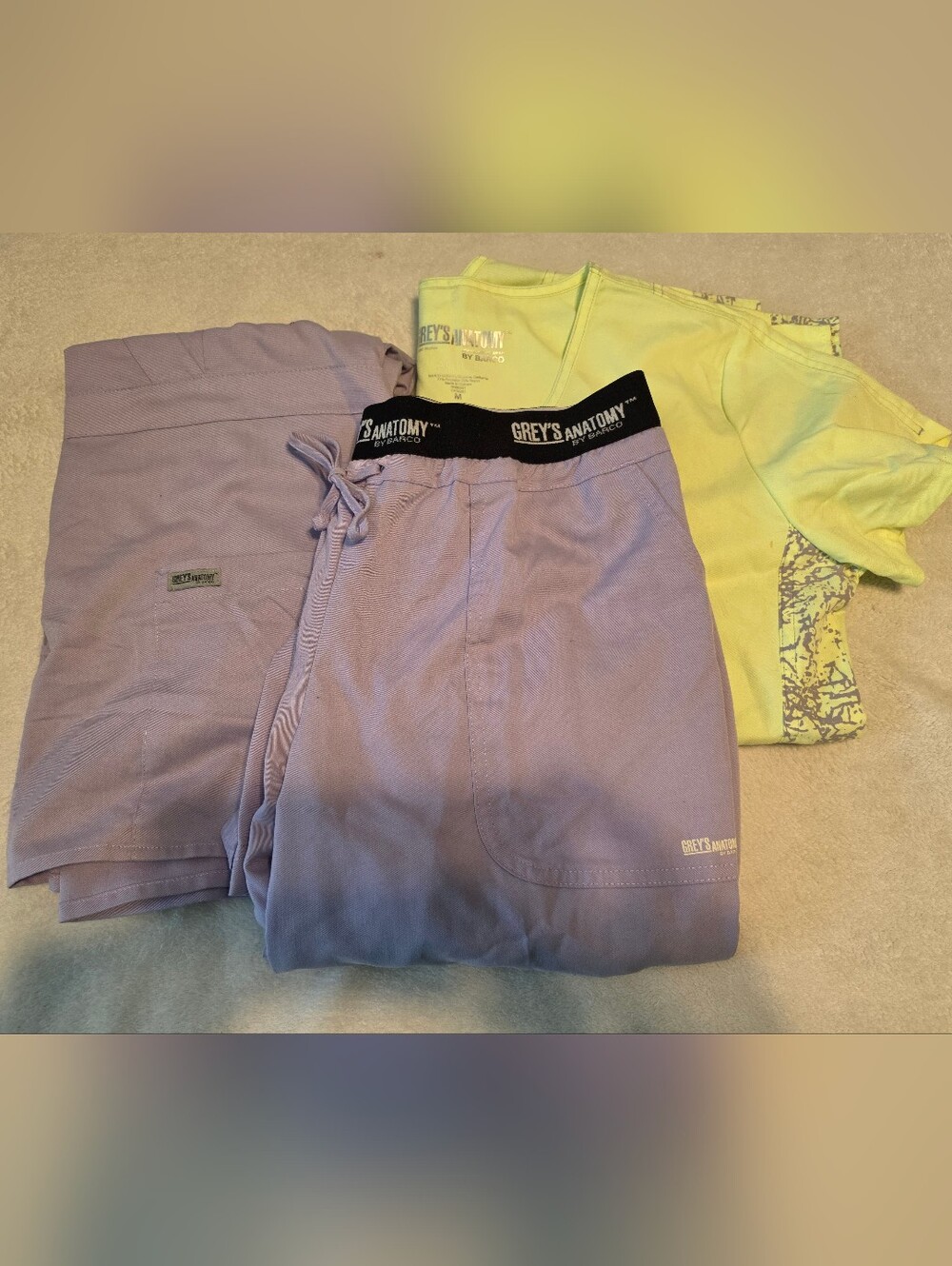 Grey's Anatomy Lilac And Neon Green Yellow Scrub 3 Piece Set